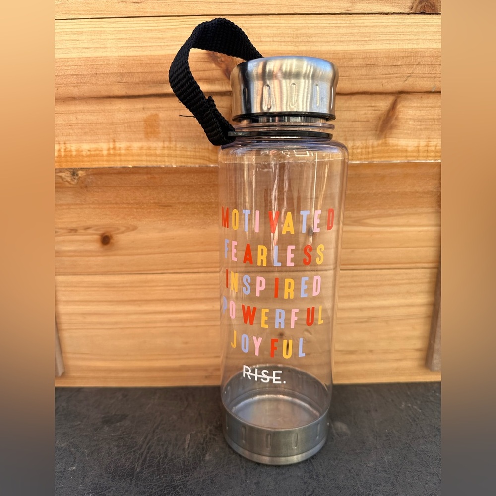 Rachel Hollis Rise Motivational Clear Plastic Water Bottle with Colorful Text